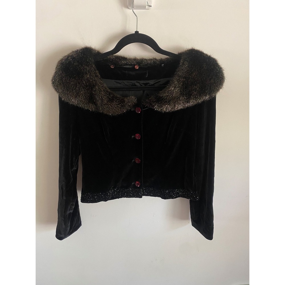 Vintage Black Velvet Cropped Jacket Faux Fur Collar Beaded Trim Red Buttons